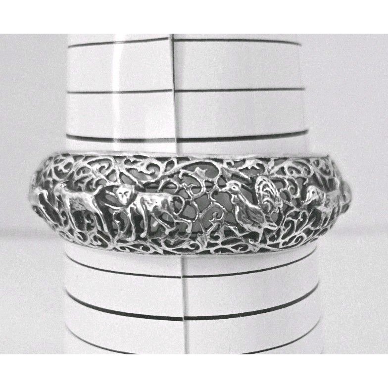 Vtg 925 Silver 38 Grams 12 Chinese Zodiac Animals Open Work Bangle Bracelet 6.5"